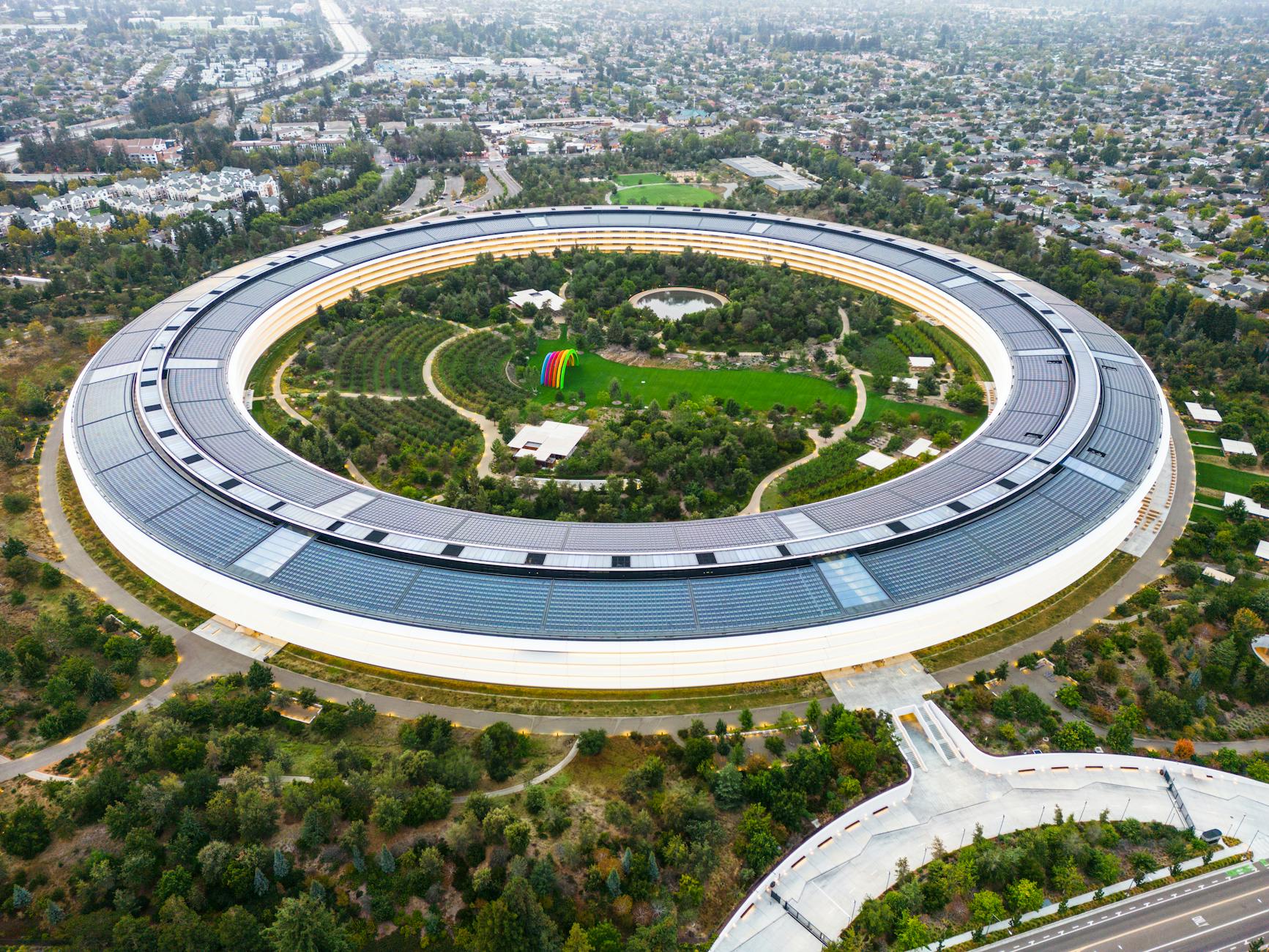 an aerial shot of the apple park